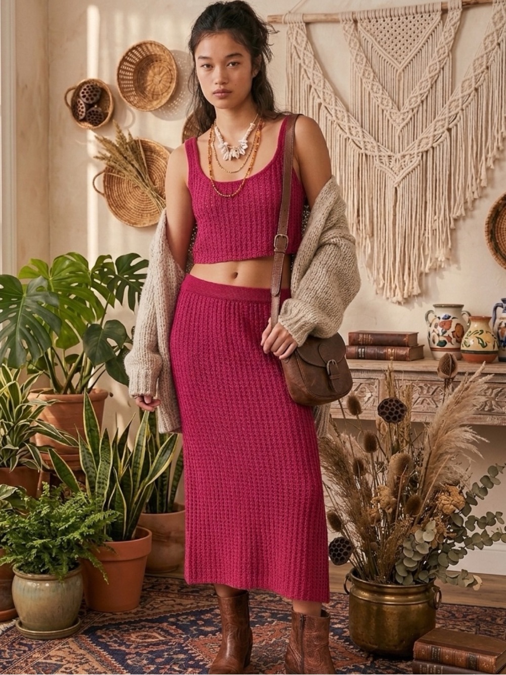 Free People Beach Havana Sweater Crochet Knit Skirt Top Set
